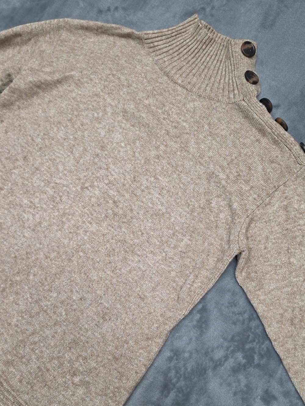 Anthropologie Beige Ribbed Mock Neck Sweater with Shoulder Buttons